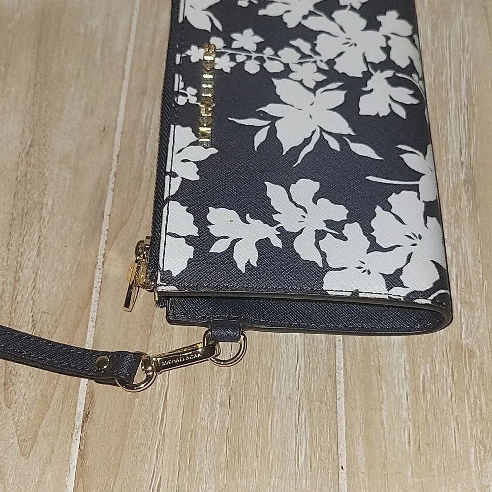 Michael Kors Jet Set Travel Double Zip Wristlet Navy Blue Floral Wallet